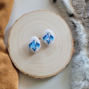 White and Blue Ombre Beaded Earrings, Teardrop Beaded Earrings