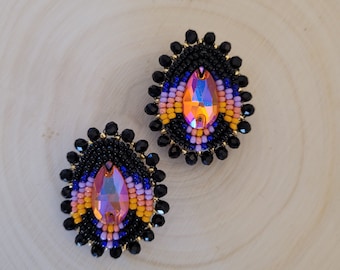 Blue & Orange Ombre Beaded Earrings, Teardrop Beaded Earrings