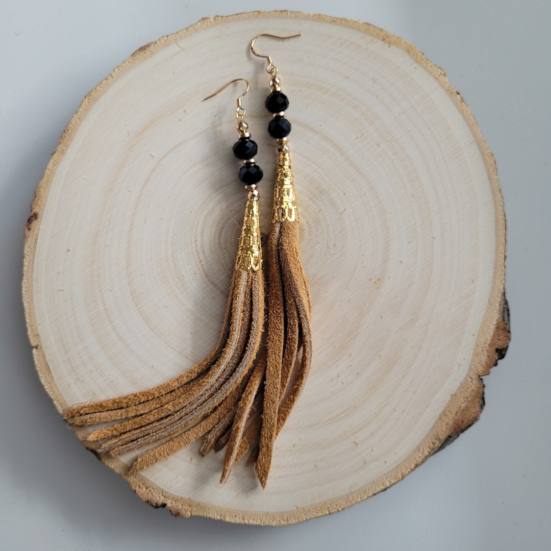 Beaded Earrings, Moose Hide Fringe Earrings, Smoked Moose Hide Earrings