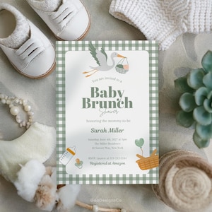 Convite para chá de bebê com estampa xadrez verde-sálvia, editável, personalizado, modelo Canva, para impressão, download instantâneo