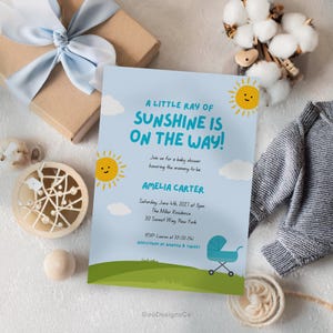 Bewerkbare Sunshine Baby Shower Uitnodiging Gepersonaliseerde Blue Sky Clouds Canva-sjabloon Afdrukbare Instant Download Invite