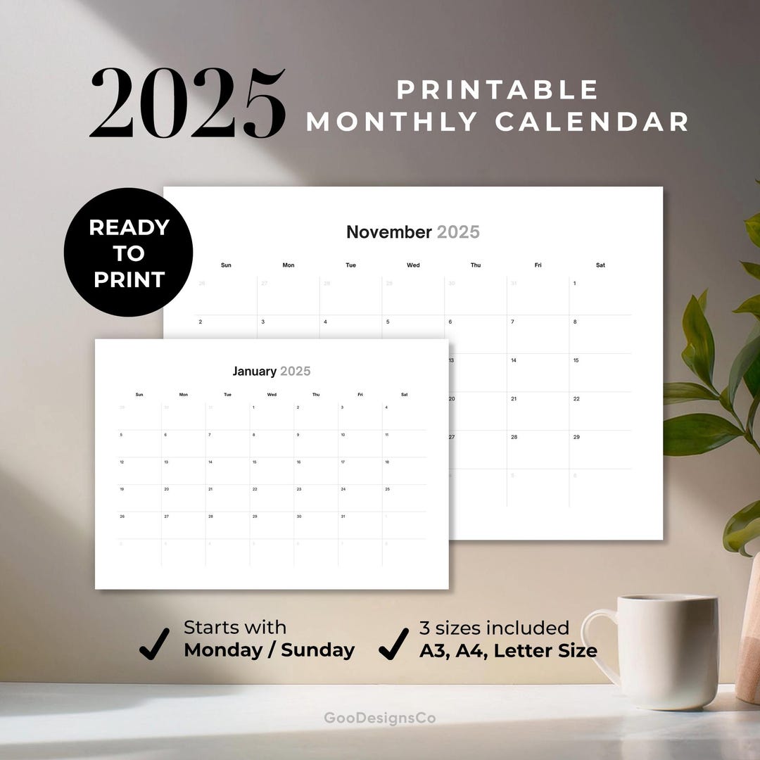 2025 Calendar Printable Monthly Calendar Ready to Print Wall Calendar