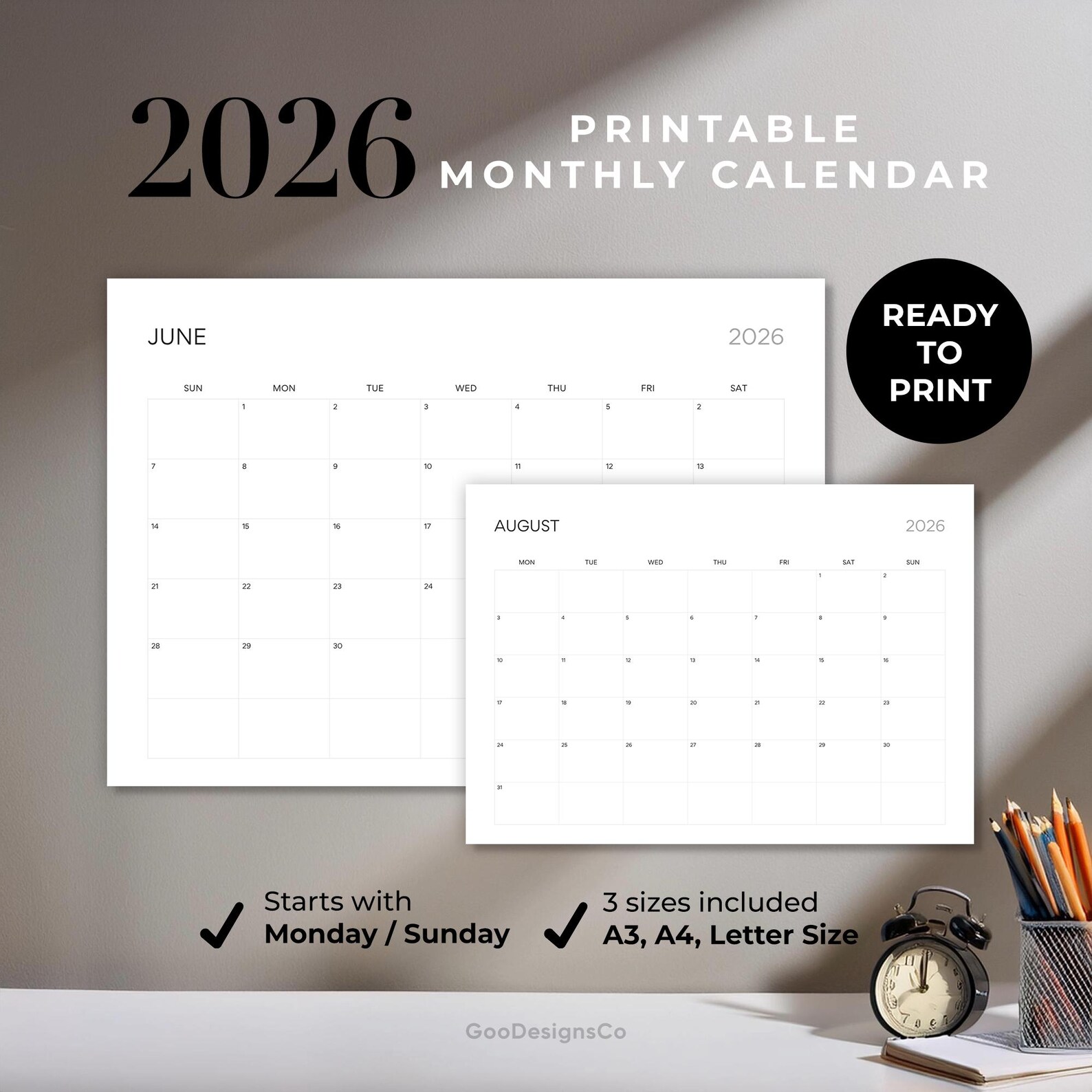2026 Monthly Calendar Printable: Minimalist Planner (A3, A4, Letter PDF