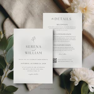 Puede incluir: Elegante juego de invitaciones de boda con un diseño minimalista. La tarjeta de invitación incluye los nombres "Serena y William", detalles del evento y una ilustración floral. La tarjeta de detalles enumera información sobre recepción, alojamiento y transporte.