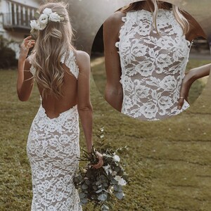 Halter Neck Boho Lace Wedding Dresses 2022,Handmade Mermaid Beach Wedding Gowns,Sexy Open Back Bohemian Beach Bridal Dresses