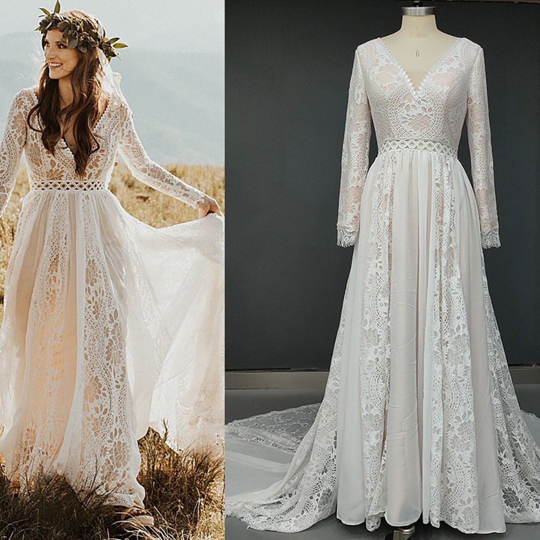 Boho Garden Lace Long Sleeves Chic A-line Wedding Dresses