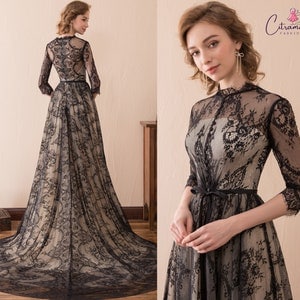 Black Lace Evening Dresses Long,Formal Evening Gowns With Sleeves For Women,Sheer Illusion Prom Dress Fairy,Imported Party Dresses