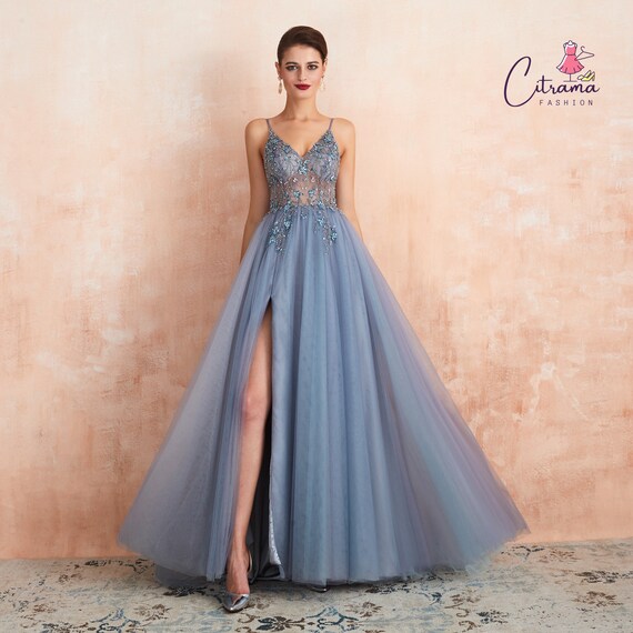 Pastel blue evening best sale gown