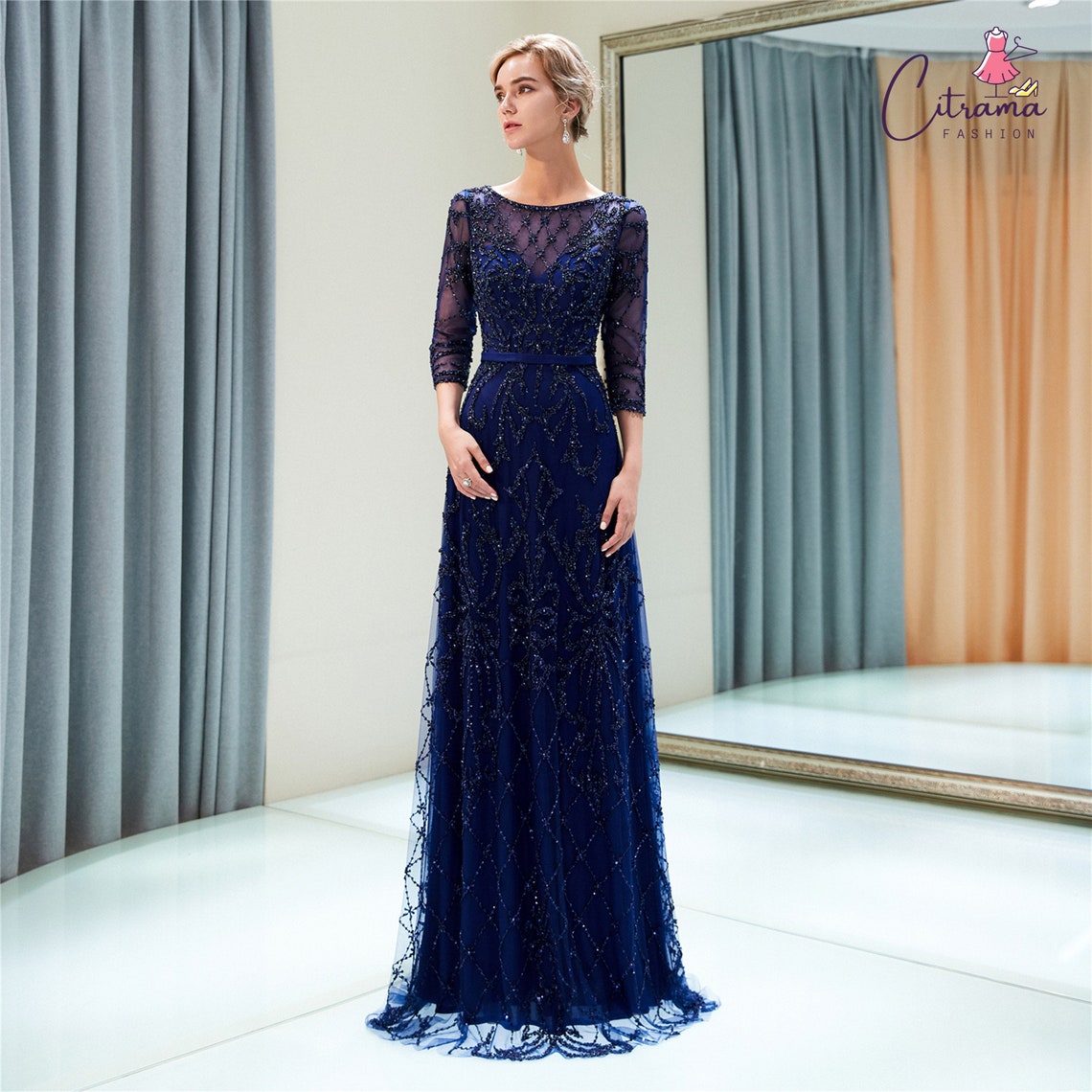 Dark Blue Evening Dresses With Sleevesa Line Formal Evening Etsy