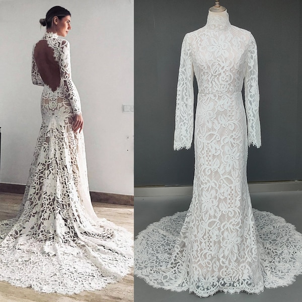 Vintage Mermaid Lace Wedding Dresses For Women,Boho Long Sleeves Wedding Gowns,High Neck Open Back Wedding Bridal Dress Sweep Train