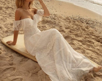 Boho Full Lace Wedding Dresses,Beach A Line Wedding Gowns,Floor Length Off The Shoulder Wedding Bridal Dress For Women Handmade