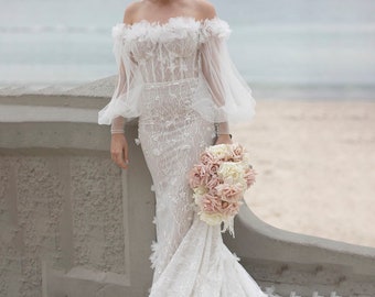 Off Shoulder Luxury Sequined Wedding Party Dress Custom Made Sweetheart Mermaid 3D Flowers Long Puff Sleeve Boning Bridal Gowns