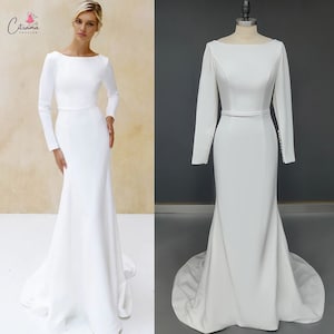 Minimalist Design Mermaid Wedding Dresses 2022,Elegant Long Sleeve Bridal Dress,Handmade Boat Neck Open Back Wedding Gowns