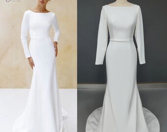 Vestidos de novia de sirena de diseño minimalista 2022, elegante vestido de novia de manga larga, vestidos de novia hechos a mano con cuello barco y espalda abierta