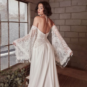 Boho Long Bell Sleeves Lace Wedding Dresses For Women,Sweetheart A Line Wedding Gowns,Sweep Train Open Back Wedding Bridal Dress