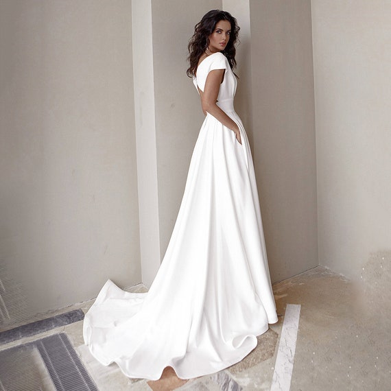 A-line Off the Shoulder Satin Cheap Simple Bridal Wedding Dresses SWD0 –  SheerGirl