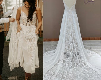 Elegant Boho Lace Wedding Dresses 2022,Handmade A Line Beach Wedding Gowns,Long Train Open Back Bohemian Beach Bridal Dresses