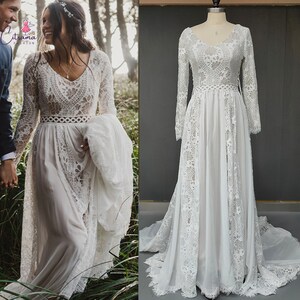 Hippie Boho Beach Backless Wedding Dress 2022,Handmade Luxury Lace Bridal Dresses,A Line Chiffon Seaside Long Sleeves Bridal Gowns