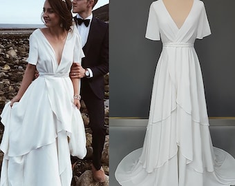 White Country Style A Line Wedding Dress,V Neck Short Sleeves Wedding Gowns,Pleat Chiffon Wedding Bridal Dress For Women Handmade