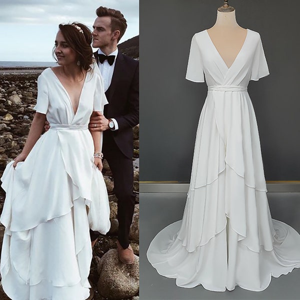White Country Style A Line Wedding Dress,V Neck Short Sleeves Wedding Gowns,Pleat Chiffon Wedding Bridal Dress For Women Handmade