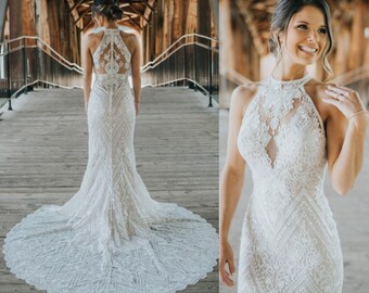 Vintage Mermaid Lace Wedding Dresses,Halter Neck Wedding Gowns,Sweep Train Sheer Illusion Back Wedding Bridal Dress For Women Handmade