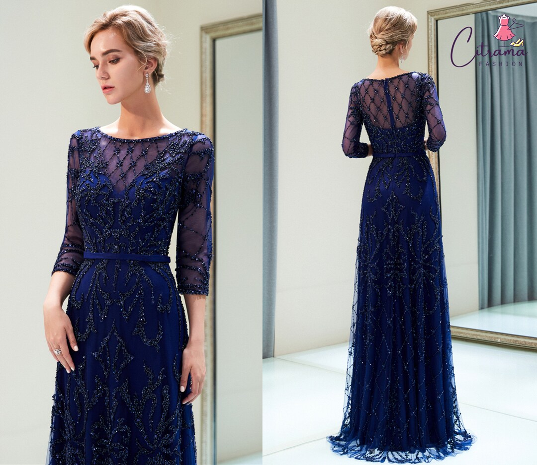 Dark Blue Evening Dresses With Sleevesa Line Formal Evening Etsy