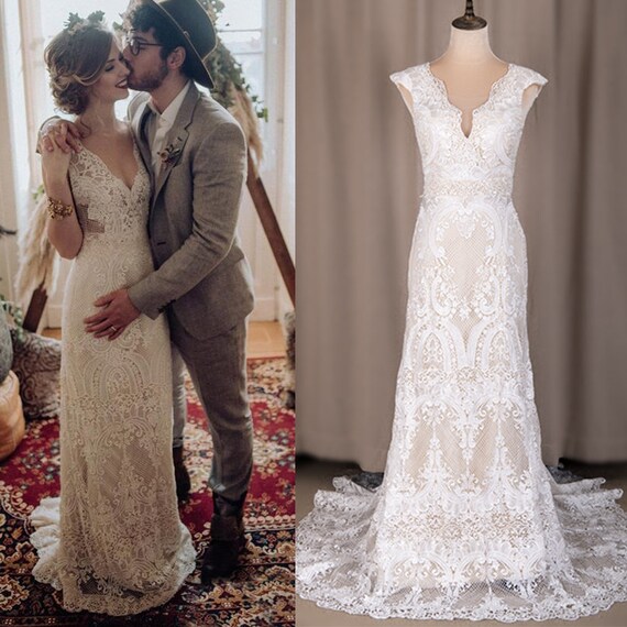 Vintage Lace Garden Boho Wedding Dress v Neck Sheath Wedding Gowns