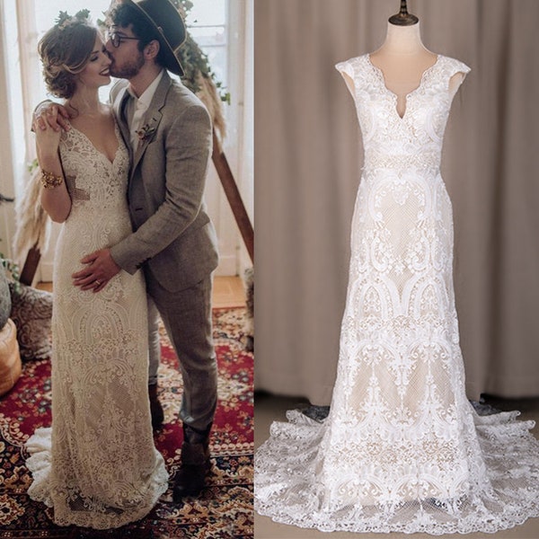 Vintage Lace Garden Boho Wedding Dress,V Neck Sheath Wedding Gowns,Cap Sleeves Open Back Wedding Bridal Dress For Women Handmade