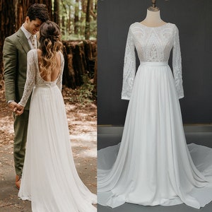 Bohemian Chiffon Rustic Outdoor Wedding Dress,A Line Long Sleeves Wedding Gowns,Beach Backless Wedding Bridal Dress For Women Handmade