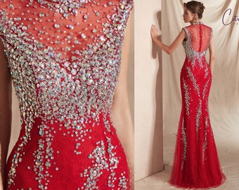 Luxury Beaded/Crystal Prom Dresses Long,Red Mermaid Prom Dress,Sheer Illusion Evening Dress For Women,High Neck Formal Party Dresses