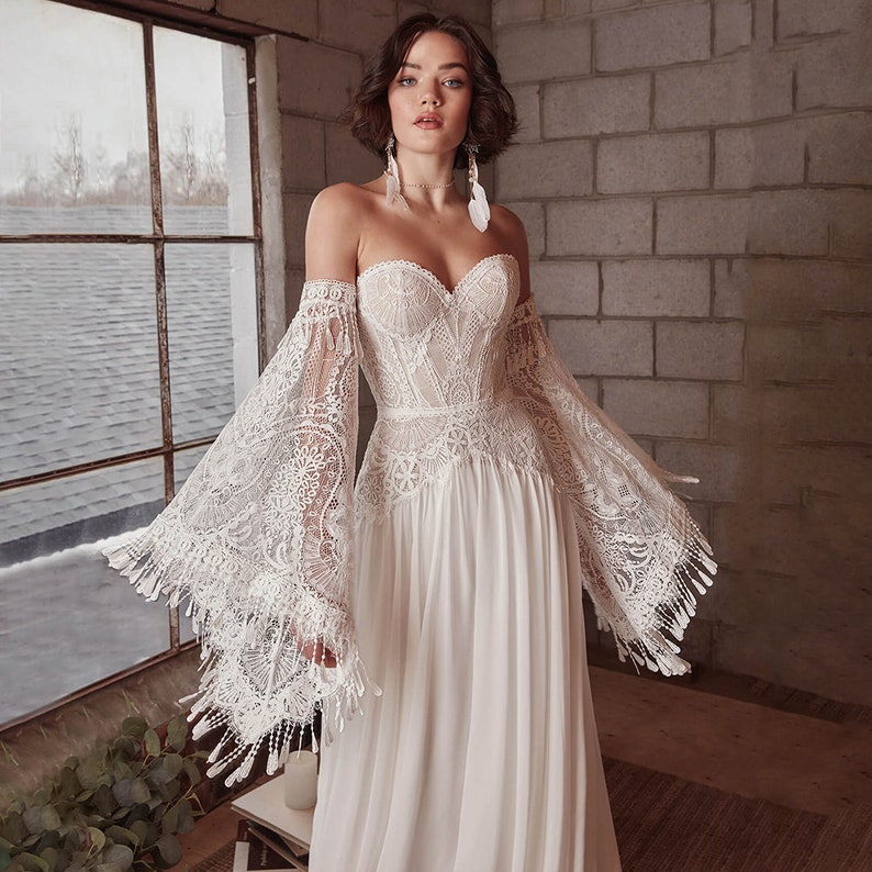 Boho Long Bell Sleeves Lace Wedding Dresses for - Etsy