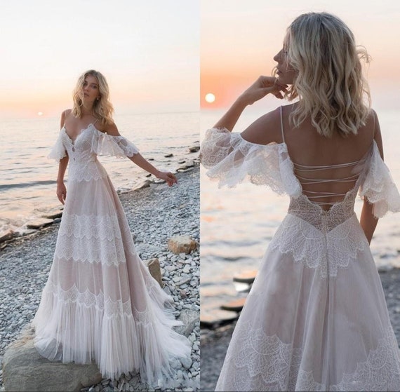 Boho Beach Tiered Lace Wedding Dresses 2022bohemian A Line - Etsy
