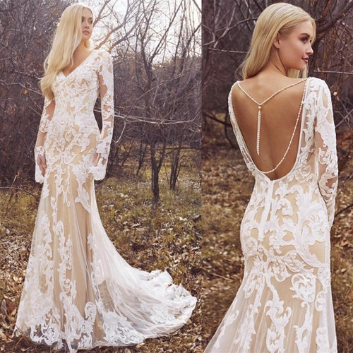 New Modern Lace Mermaid Wedding Dress Long Sleeve V-neck - Etsy