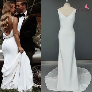 Minimalist Mermaid Wedding Dresses 2022,Sexy Open Back Beach Wedding Gowns,Handmade Satin Sweep Train Buttons Bridal Dress