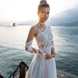 Luxury Embroidery Lace Wedding Dresses,A Line Long Sleeves Wedding Gowns,Sheer Illusion One Shoulder Wedding Bridal Dress For Women Handmade
