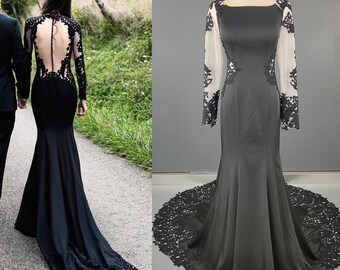 Black Mermaid Floral Cutout Lace Alternative Wedding Dress Handmade Transparent Back Appliqued Fit Long Sleeves Bridal Gowns