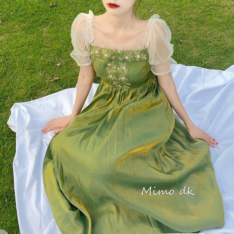 Summer Elegant Green Dress Women French Vintage Lace Patchwork Sweet Dresses Princess Midi Short Sleeve Holiday Dresses 