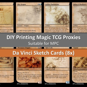 Könnte beinhalten: Eine Sammlung von acht Magic: The Gathering Proxy-Karten mit Da-Vinci-Skizzen. Die Karten sind auf braunem Hintergrund mit weißem Text gedruckt und zeigen verschiedene Kreaturen und Artefakte. Die Karten sind mit "Da Vinci Sketch Cards (8x)" betitelt und eignen sich für Modern Play Constructed (MPC).
