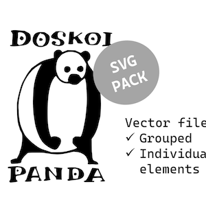 May include: Black and white illustration of a panda bear with the text "DOSKOI PANDA" and "SVG PACK" in a circle. The text "Vector files" is below the circle with check marks next to "Grouped" and "Individual elements".