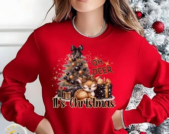Oh Deer Christmas Sweatshirt: Reindeer, Tree Graphic Holiday Pullover