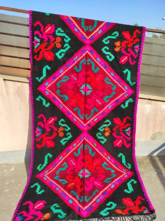 ヴィンテージ ルーマニア ラグ、手作りウール カーペット、キリム