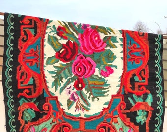 tapis roumain vintage, tapis en laine fait main, art kelim de la Bessarabie, tissé à la main dans les années 70, tapis moldave, style floral bohème, 300 x 190 cm.