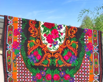 tapis roumain vintage, tapis en laine fait main, art kelim de la Bessarabie, tissé à la main dans les années 60, tapis moldave, style floral bohème, 350 x 205 cm.