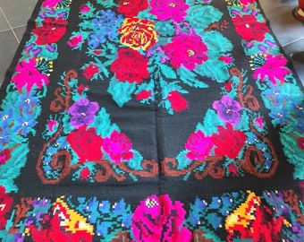 tapis roumain vintage, tapis en laine fait main, kelim art Bessarabie, tissé à la main dans les années 70, tapis moldave, style floral bohème, 365x190cm.