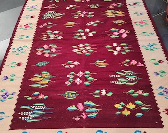 tapis roumain vintage, tapis en laine fait à la main, kelim Oltenian art, tissé à la main dans les années 50, style bohème cosy, tapis roumain, 250x180cm.