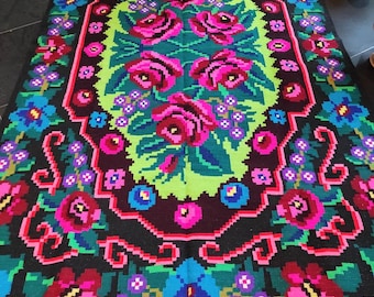 tapis roumain vintage, tapis en laine fait main, art kelim de la Bessarabie, tissé à la main dans les années 80, tapis moldave, style floral bohème, 300 x 170 cm.