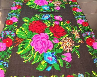 tapis roumain vintage, tapis en laine fait main, kelim art bessarabien, tissé à la main dans les années 70, tapis moldave, style floral bohème, 535x192cm.