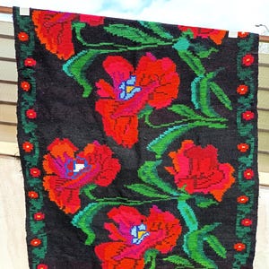 Può includere: Un tappeto in lana nera con un motivo floreale. Il tappeto presenta fiori rossi, rosa, verdi e blu con foglie verdi. Il tappeto ha un bordo a frangia.