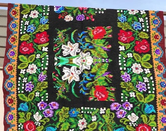 Tapis roumain vintage, tapis en laine fait main, kelim art Bessarabie, tapis moldave, tissé à la main dans les années 60, style boho floral, 360x180cm.