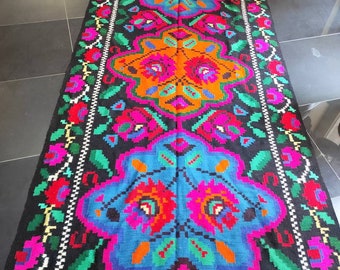 Tapis roumain vintage, tapis en laine fait main, tapis moldave, tissé à la main dans les années 60, tapis bohème moldave kelim, 430x145cm.